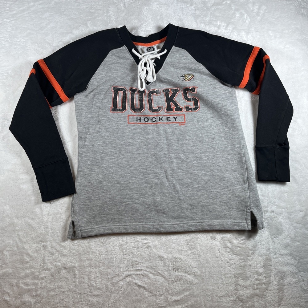 Anaheim Ducks Sweater Womens Medium Gray Black Orange NHL Lace V Neck Sweatshirt